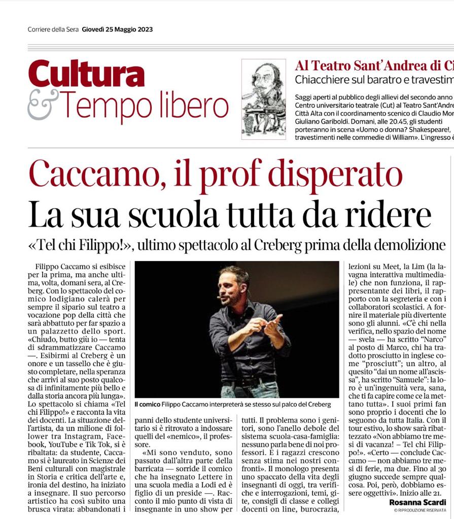 Articolo Caccamo, il prof disperato. La sua scuola tutta da ridere su L'Eco di Bergamo