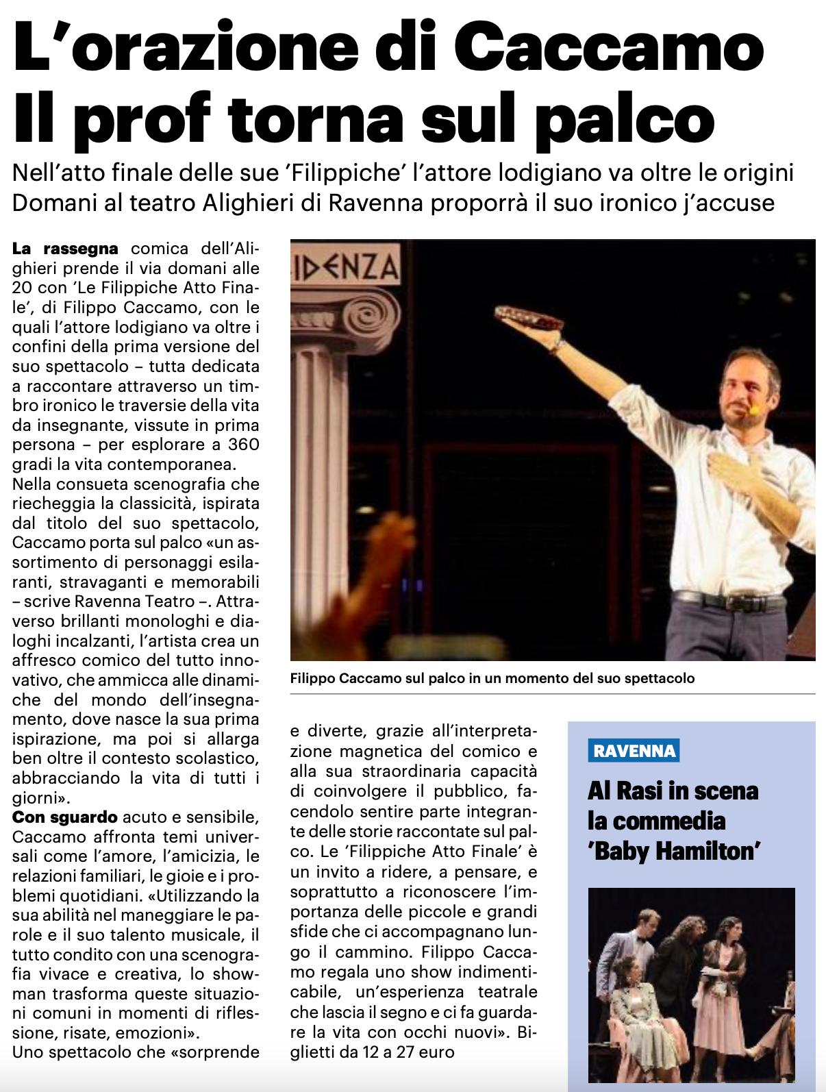 Articolo L'orazione di Caccamo. Il prof torna sul palco su Il Resto del Carlino